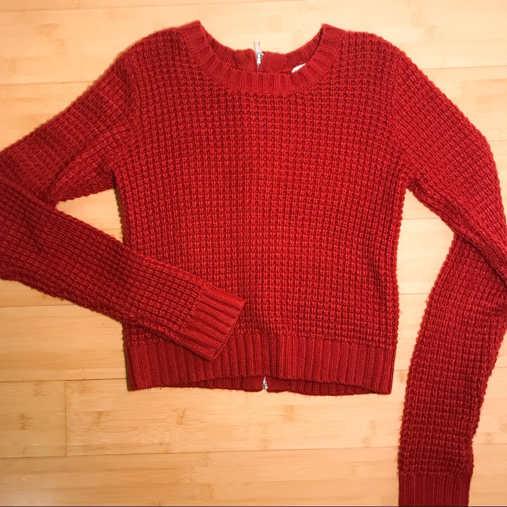 Red Zipper Back Crop Sweater